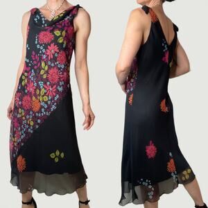 Ombre Y2K‎ vintage cowl neck floral maxi midi dress black pink chiffon fairy M